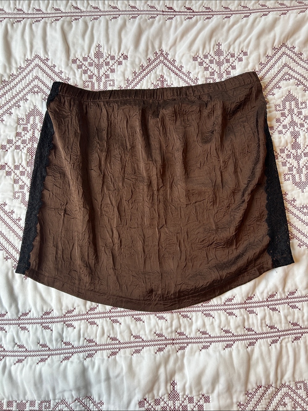 Anthropologie Brown Mini Skirt with Black Lace Side Panels